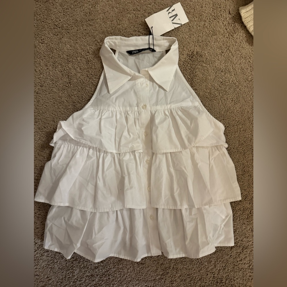 Zara White Ruffled Sleeveless Blouse